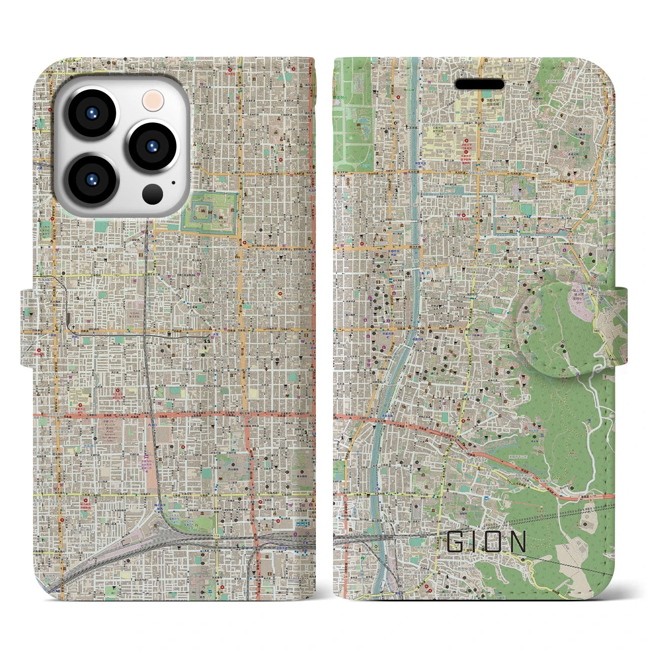 【祇園】地図柄iPhoneケース（手帳両面タイプ・ナチュラル）iPhone 13 Pro 用