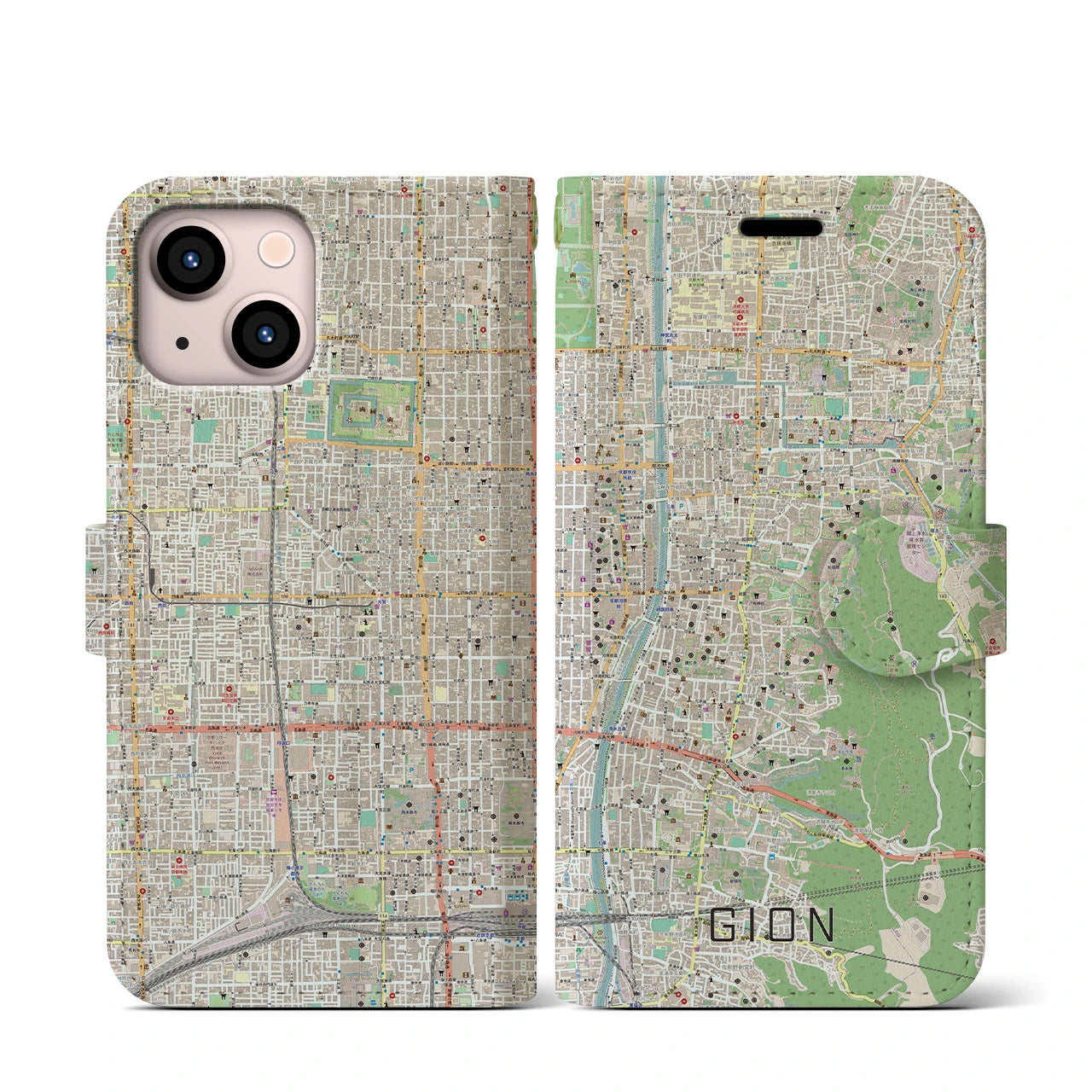 【祇園】地図柄iPhoneケース（手帳両面タイプ・ナチュラル）iPhone 13 mini 用