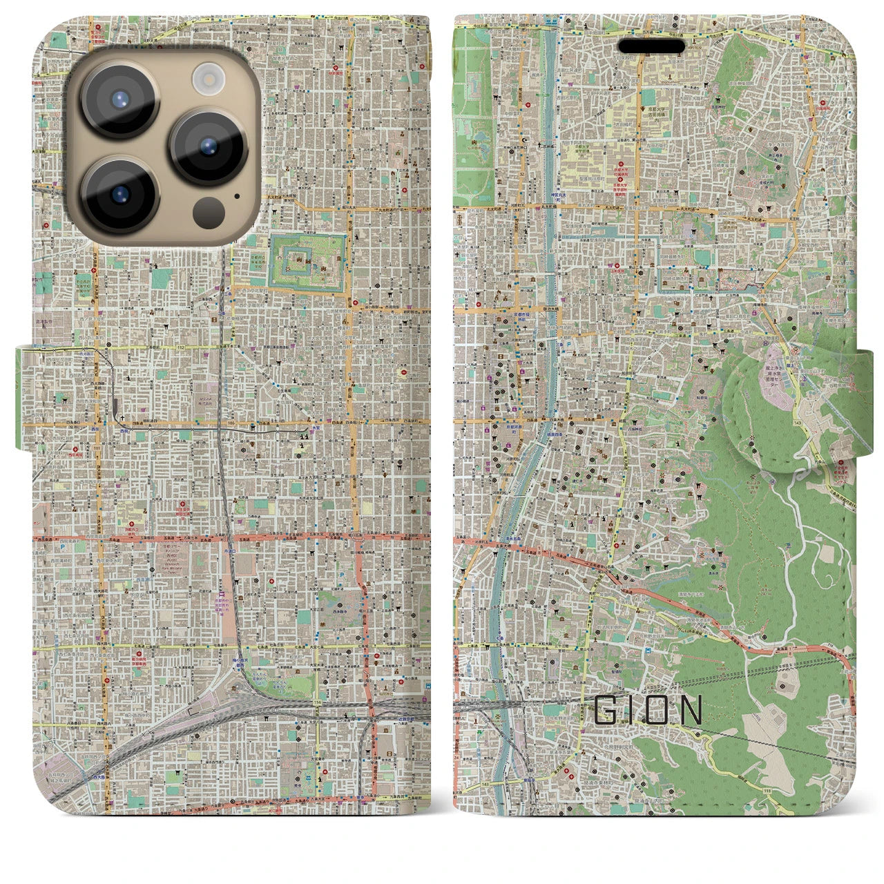 【祇園】地図柄iPhoneケース（手帳両面タイプ・ナチュラル）iPhone 14 Pro Max 用