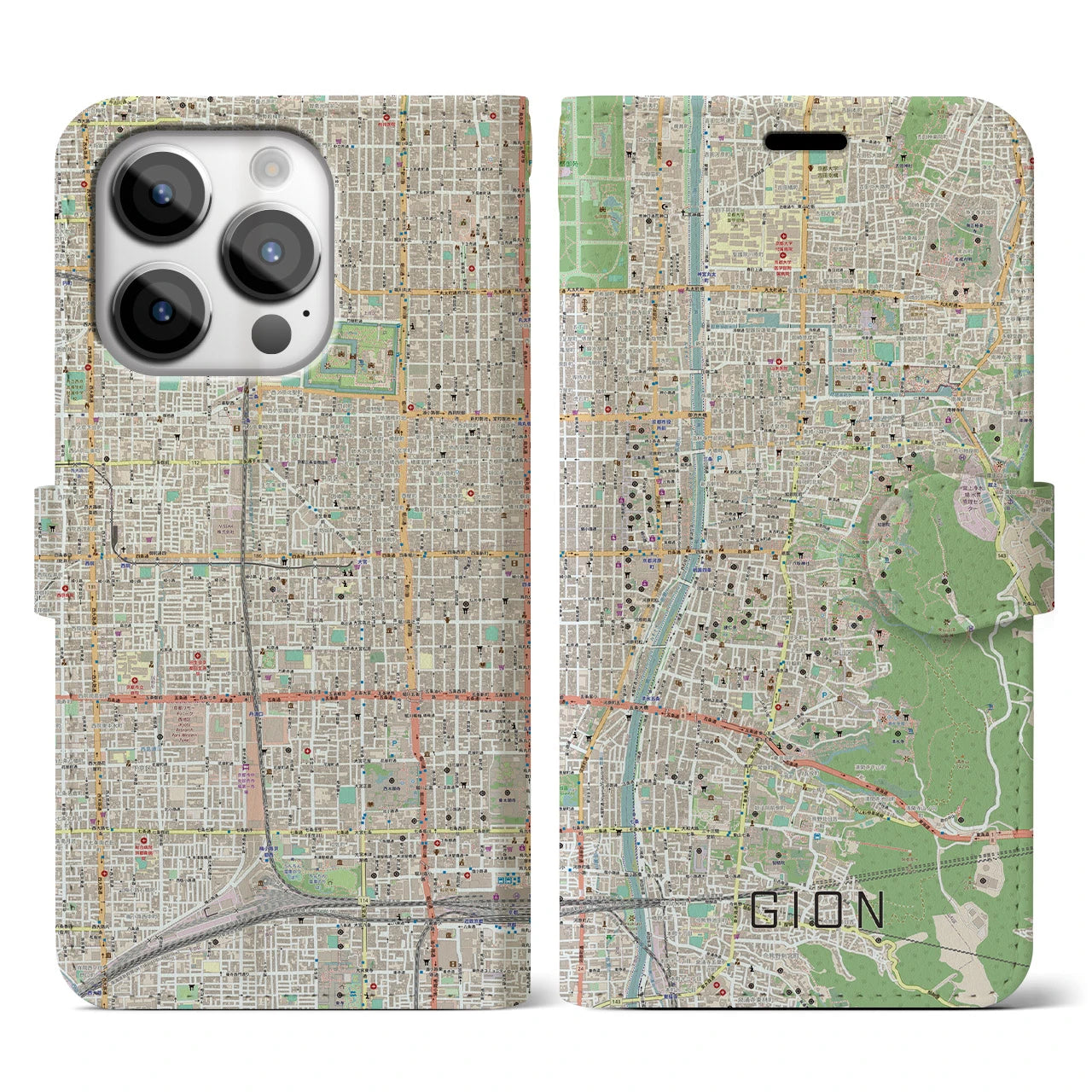 【祇園】地図柄iPhoneケース（手帳両面タイプ・ナチュラル）iPhone 14 Pro 用
