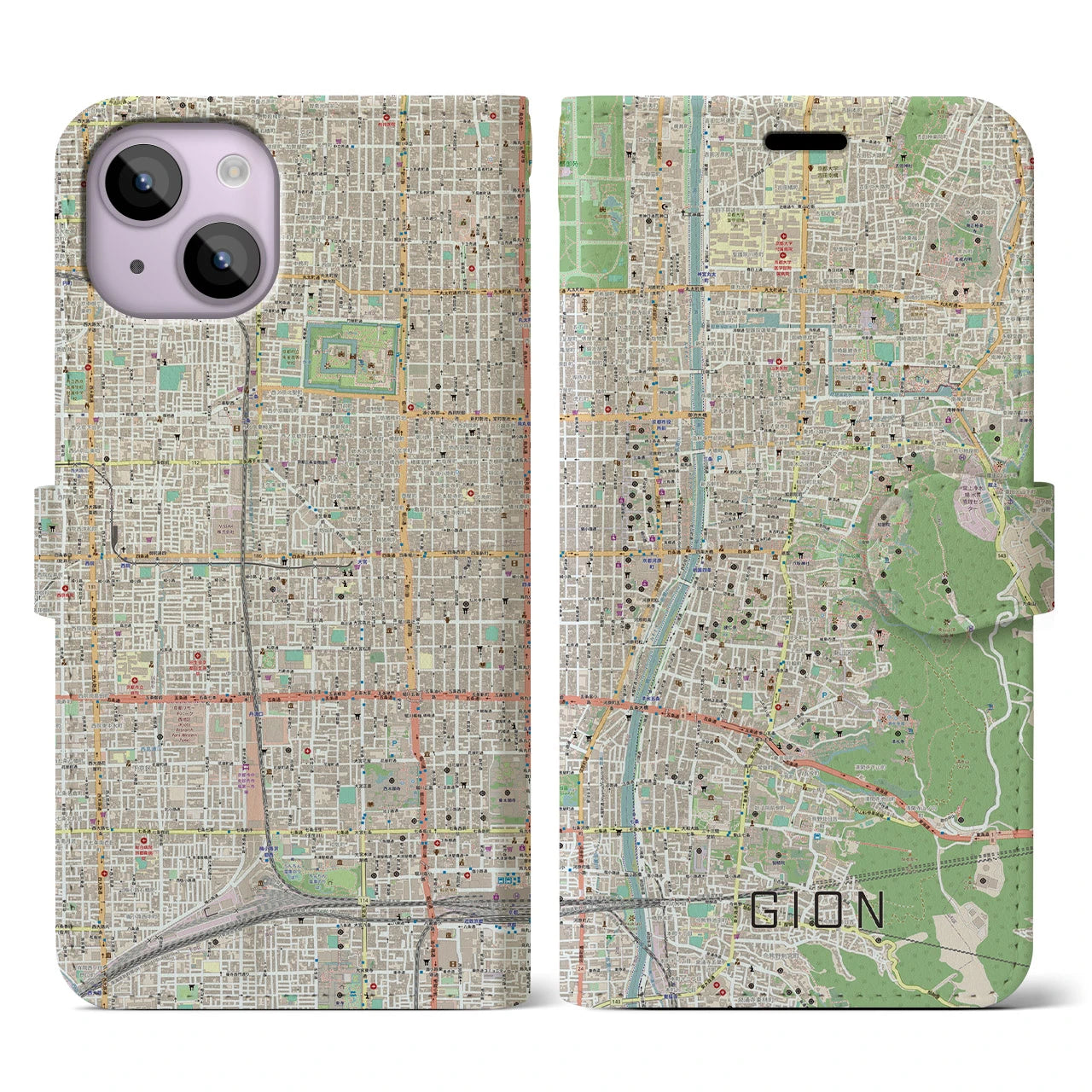 【祇園】地図柄iPhoneケース（手帳両面タイプ・ナチュラル）iPhone 14 用