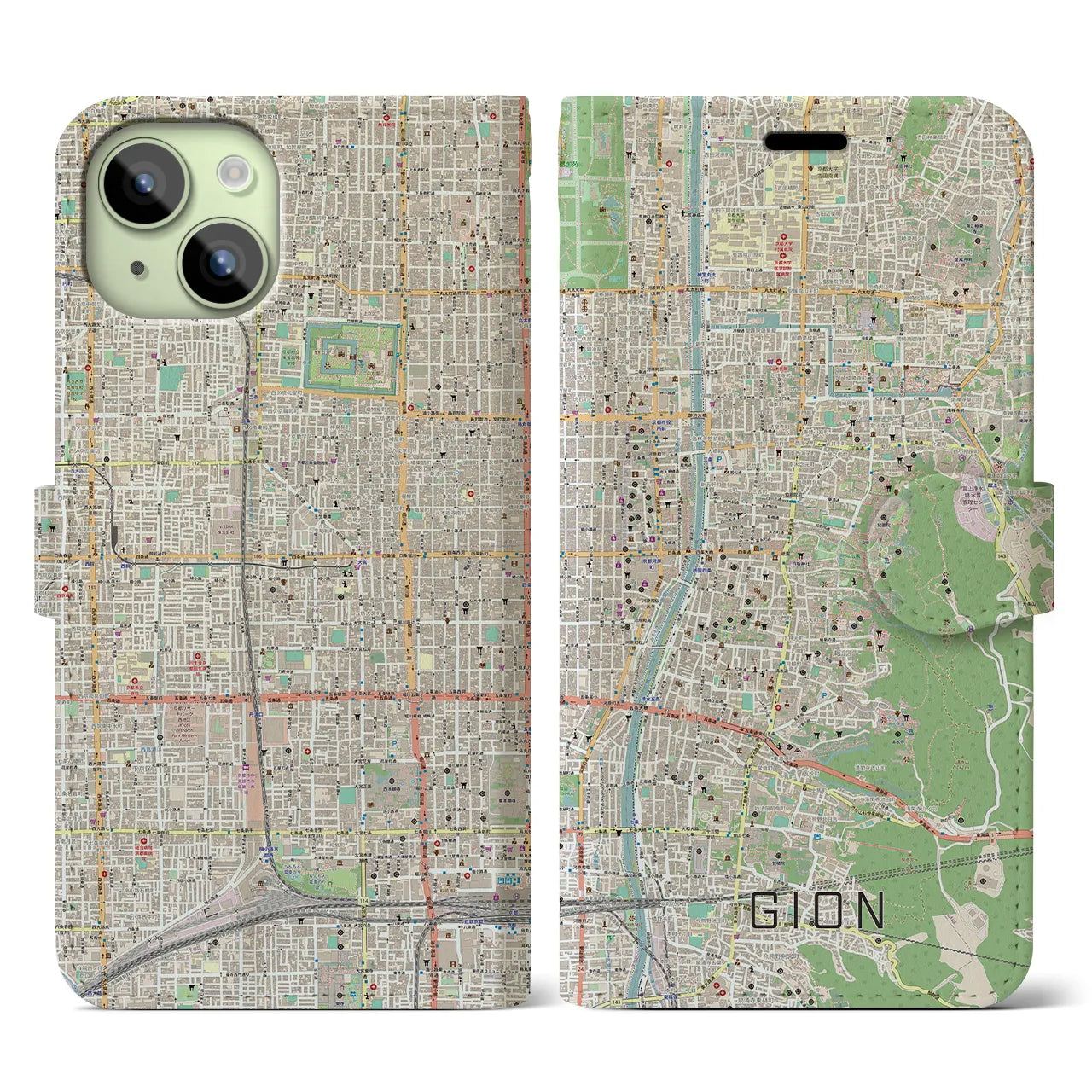 【祇園】地図柄iPhoneケース（手帳両面タイプ・ナチュラル）iPhone 15 用