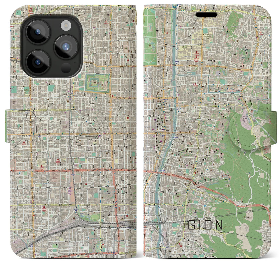 【祇園】地図柄iPhoneケース（手帳両面タイプ・ナチュラル）iPhone 15 Pro Max 用