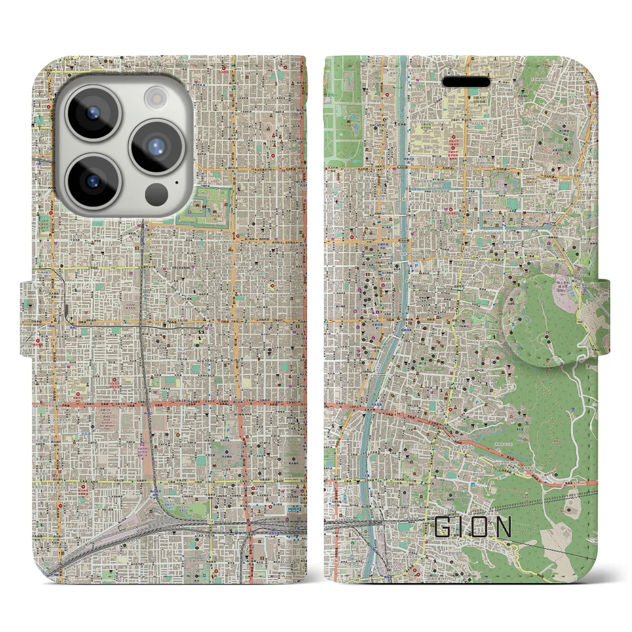 【祇園】地図柄iPhoneケース（手帳両面タイプ・ナチュラル）iPhone 15 Pro 用