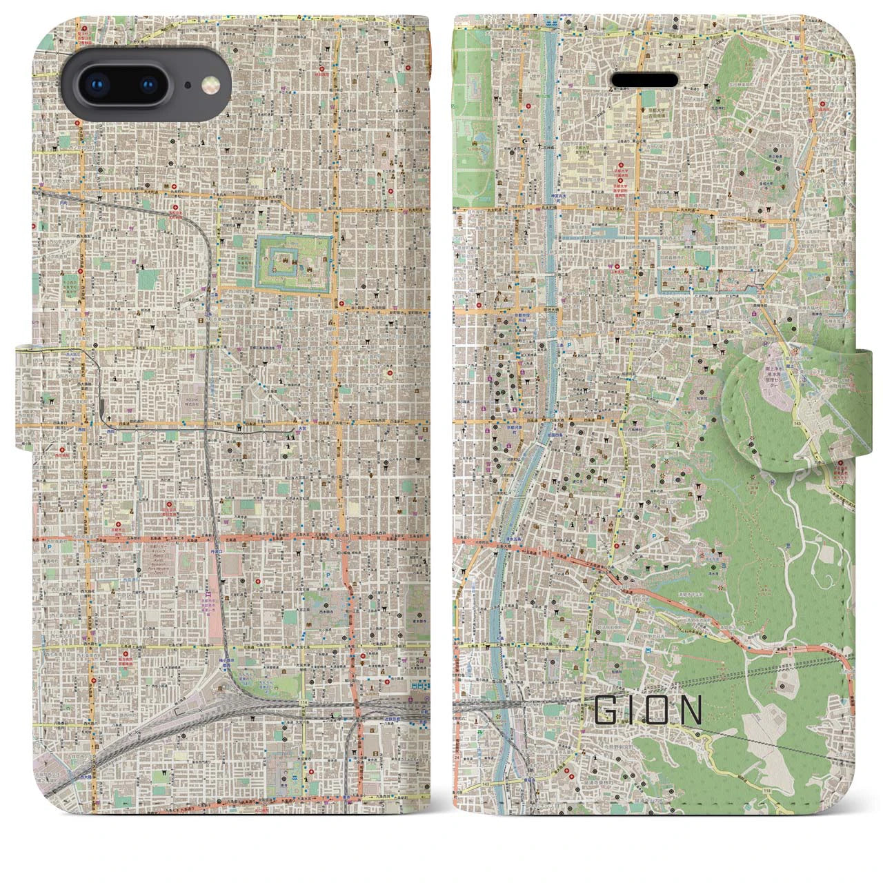 【祇園】地図柄iPhoneケース（手帳両面タイプ・ナチュラル）iPhone 8Plus /7Plus / 6sPlus / 6Plus 用