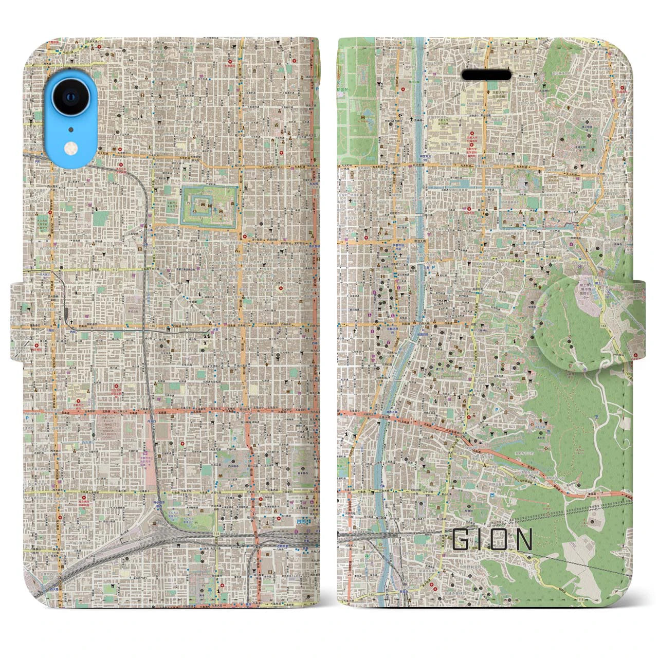 【祇園】地図柄iPhoneケース（手帳両面タイプ・ナチュラル）iPhone XR 用