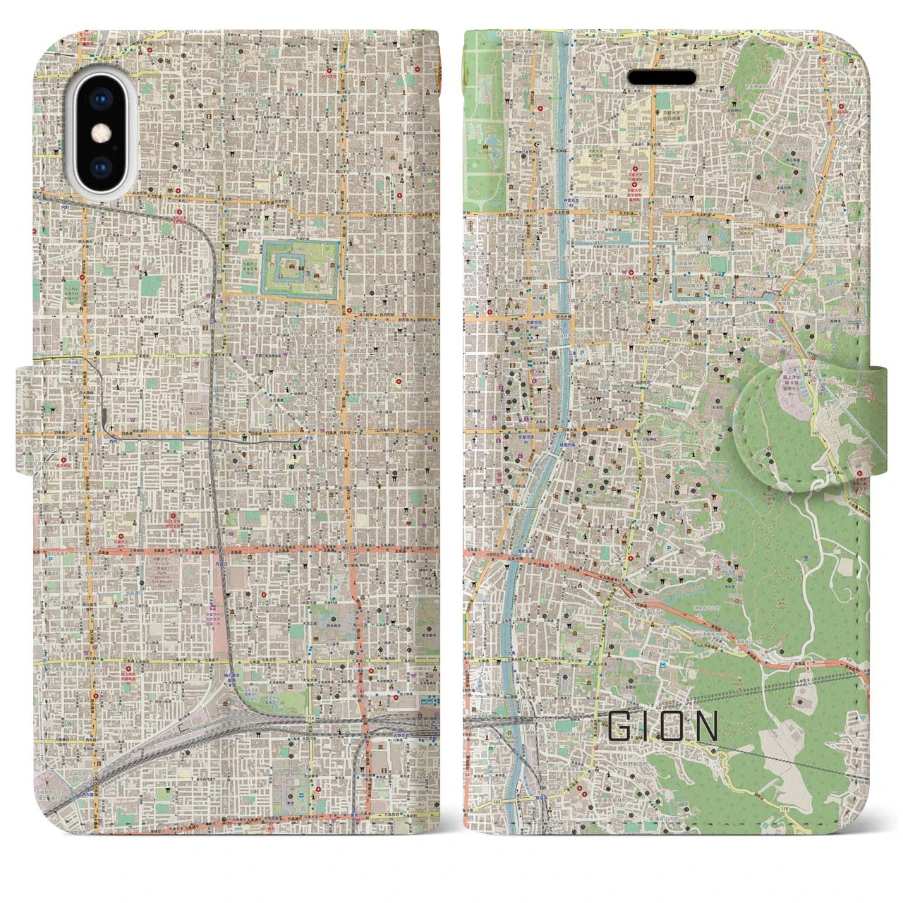 【祇園】地図柄iPhoneケース（手帳両面タイプ・ナチュラル）iPhone XS Max 用