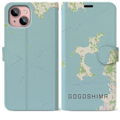 【興居島（愛媛県）】地図柄iPhoneケース（手帳タイプ）ナチュラル・iPhone 15 Plus 用