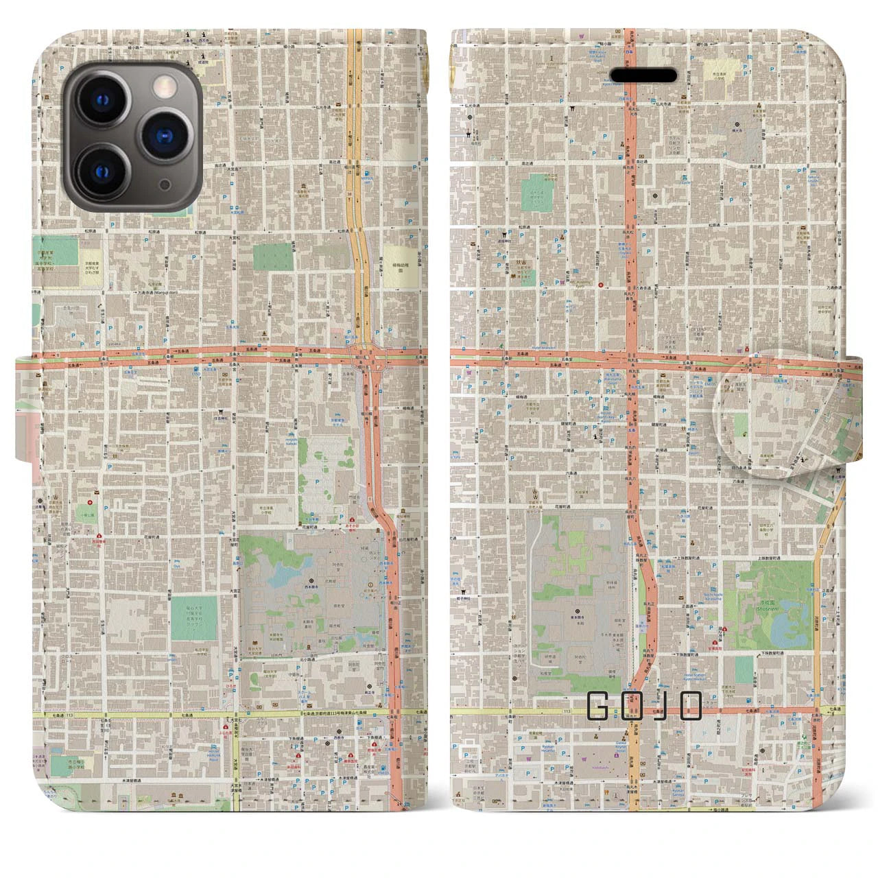 【五条】地図柄iPhoneケース（手帳両面タイプ・ナチュラル）iPhone 11 Pro Max 用