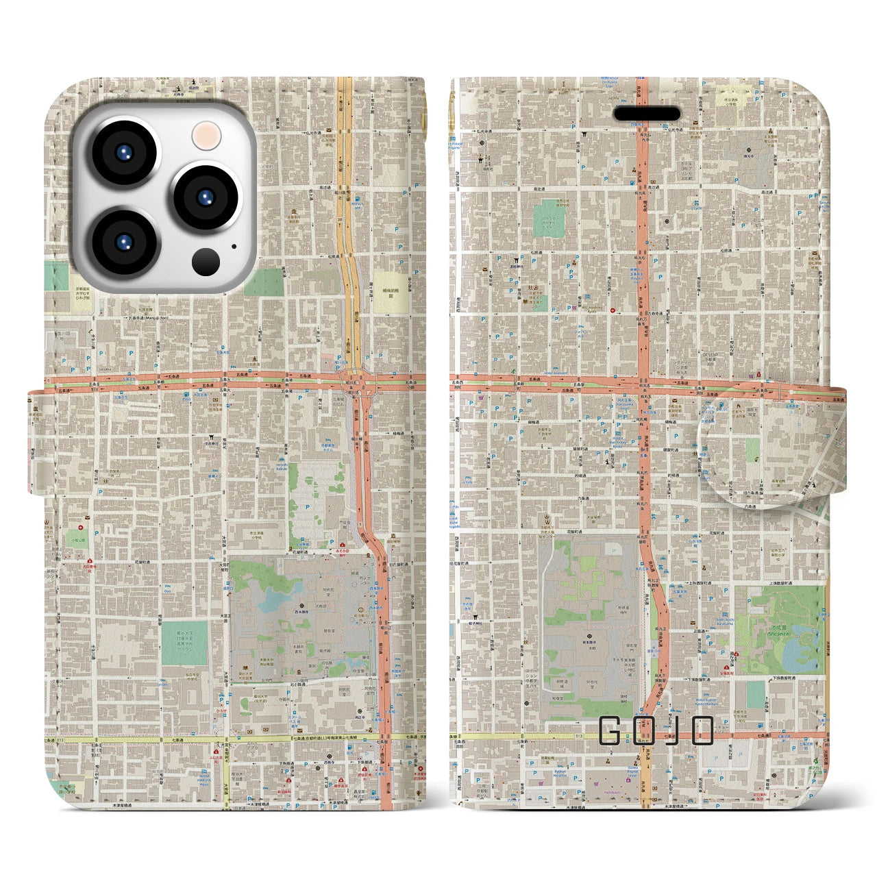 【五条】地図柄iPhoneケース（手帳両面タイプ・ナチュラル）iPhone 13 Pro 用