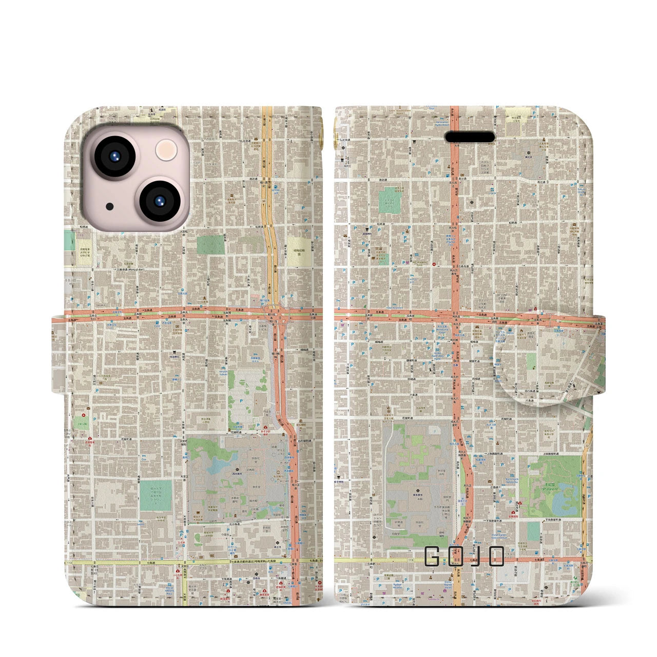 【五条】地図柄iPhoneケース（手帳両面タイプ・ナチュラル）iPhone 13 mini 用
