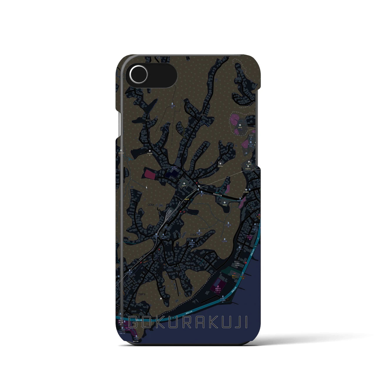 【極楽寺】地図柄iPhoneケース（バックカバータイプ・ブラック）iPhone SE（第3 / 第2世代） / 8 / 7 / 6s / 6 用