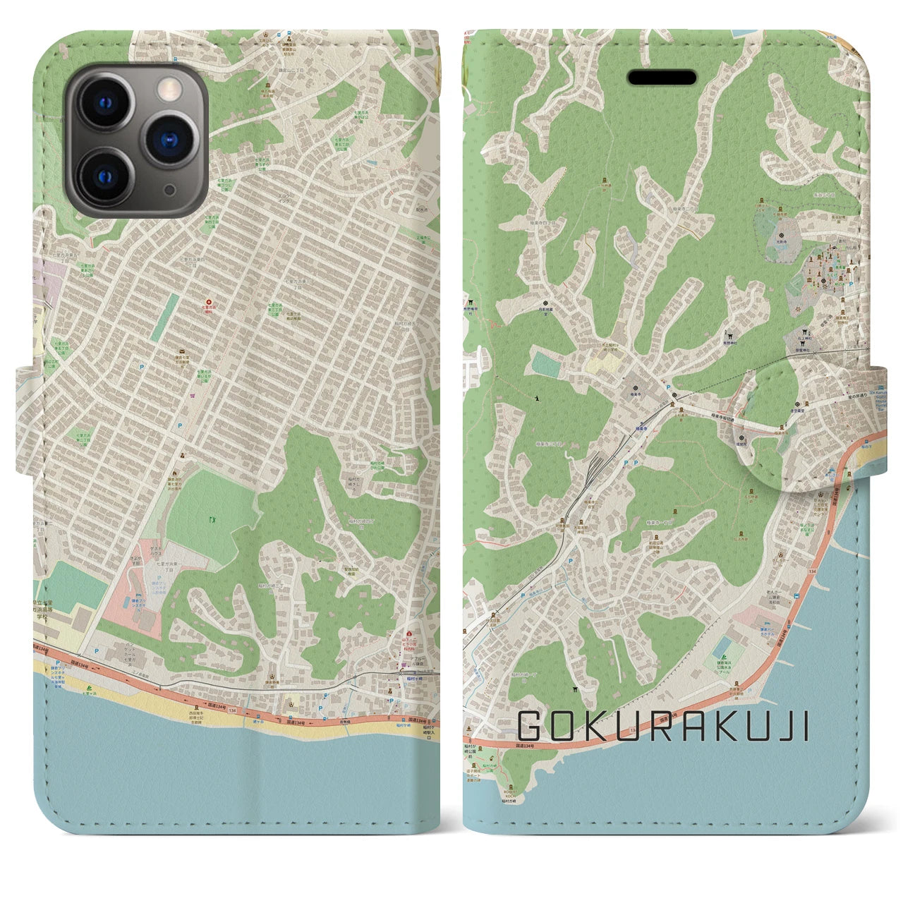 【極楽寺】地図柄iPhoneケース（手帳両面タイプ・ナチュラル）iPhone 11 Pro Max 用