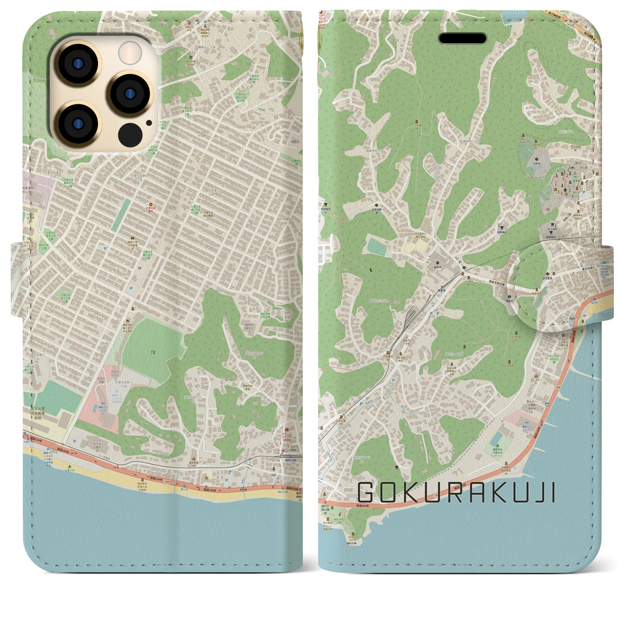 【極楽寺】地図柄iPhoneケース（手帳両面タイプ・ナチュラル）iPhone 12 Pro Max 用