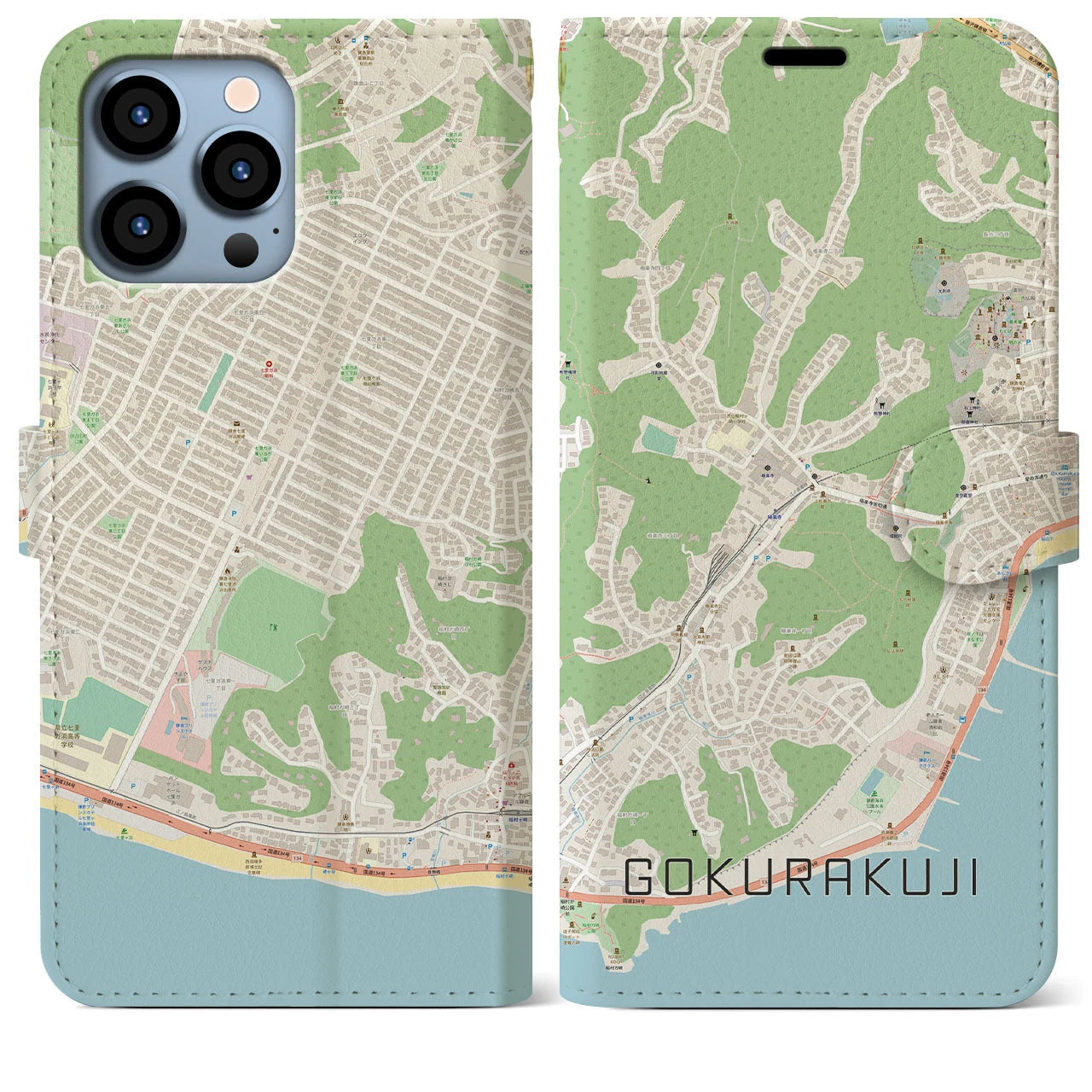 【極楽寺】地図柄iPhoneケース（手帳両面タイプ・ナチュラル）iPhone 13 Pro Max 用