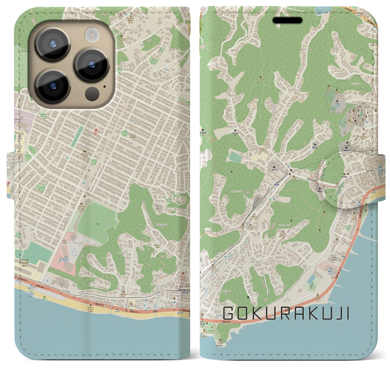 【極楽寺】地図柄iPhoneケース（手帳両面タイプ・ナチュラル）iPhone 14 Pro Max 用