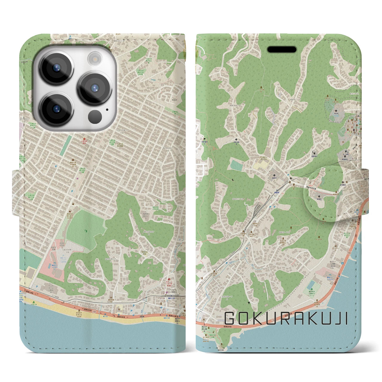 【極楽寺】地図柄iPhoneケース（手帳両面タイプ・ナチュラル）iPhone 14 Pro 用