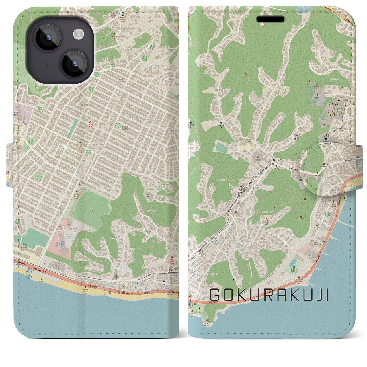 【極楽寺】地図柄iPhoneケース（手帳両面タイプ・ナチュラル）iPhone 14 Plus 用