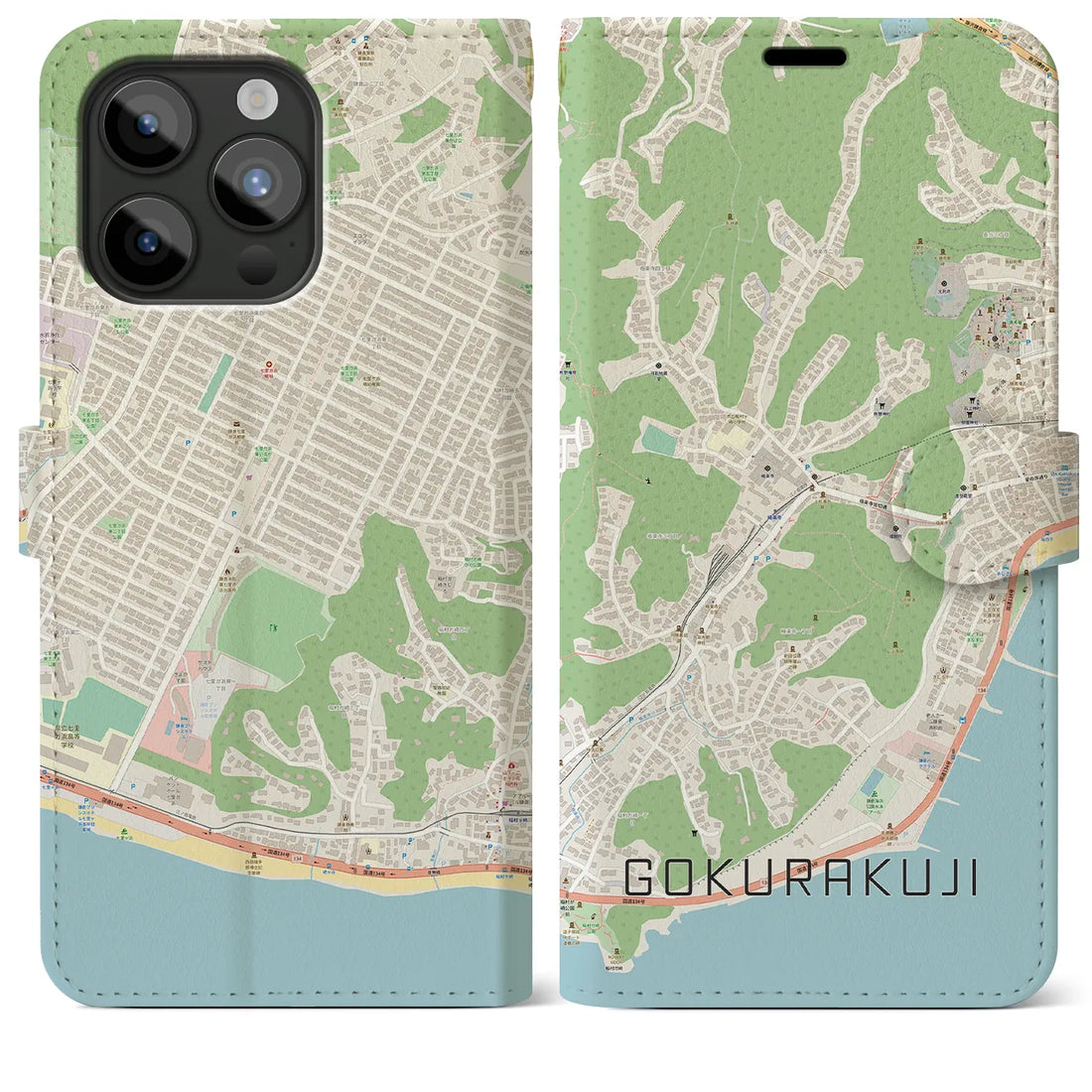 【極楽寺】地図柄iPhoneケース（手帳両面タイプ・ナチュラル）iPhone 15 Pro Max 用