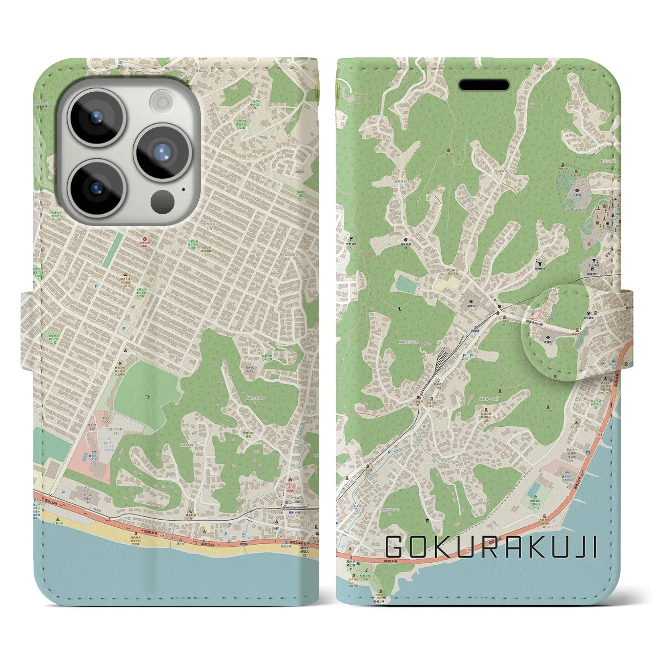 【極楽寺】地図柄iPhoneケース（手帳両面タイプ・ナチュラル）iPhone 15 Pro 用