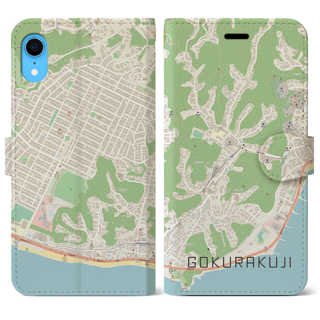 【極楽寺】地図柄iPhoneケース（手帳両面タイプ・ナチュラル）iPhone XR 用