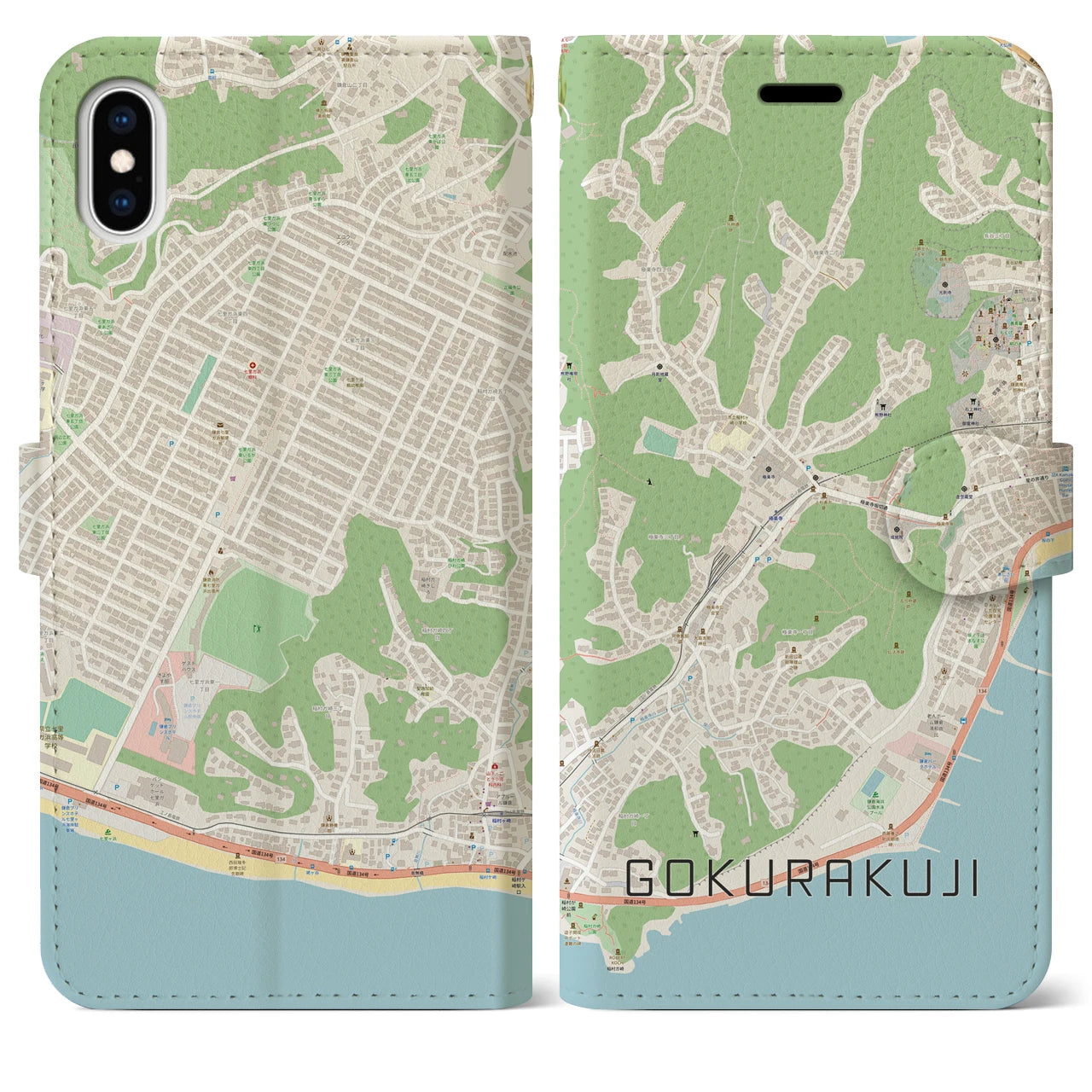 【極楽寺】地図柄iPhoneケース（手帳両面タイプ・ナチュラル）iPhone XS Max 用