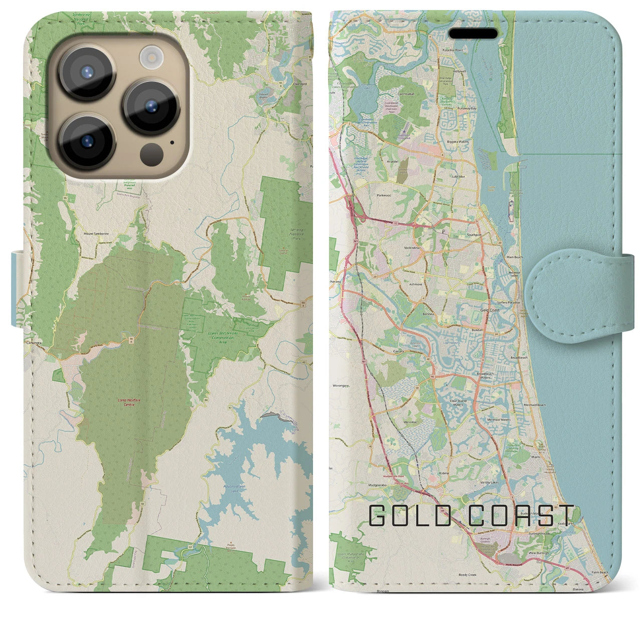 【ゴールドコースト】地図柄iPhoneケース（手帳両面タイプ・ナチュラル）iPhone 14 Pro Max 用