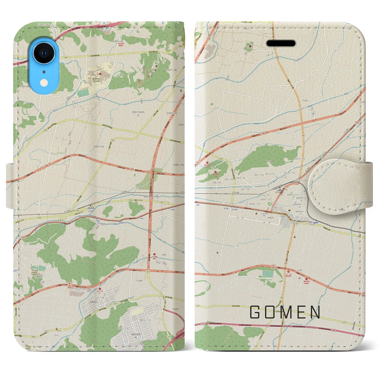 【後免】地図柄iPhoneケース（手帳両面タイプ・ナチュラル）iPhone XR 用