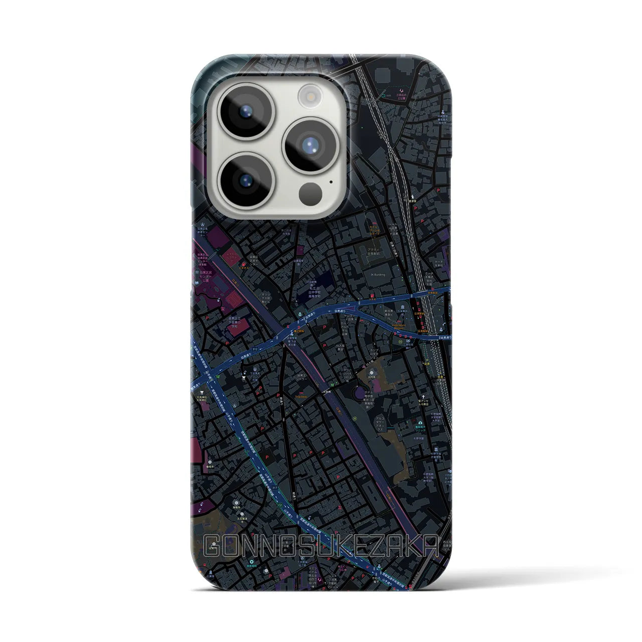 【権之助坂】地図柄iPhoneケース（バックカバータイプ・ブラック）iPhone 15 Pro 用