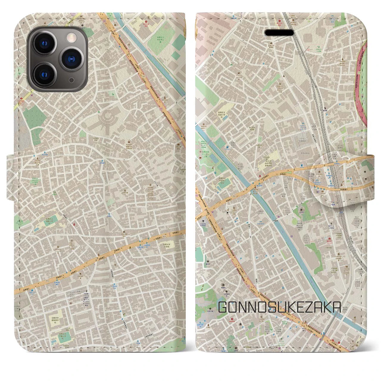 【権之助坂】地図柄iPhoneケース（手帳両面タイプ・ナチュラル）iPhone 11 Pro Max 用
