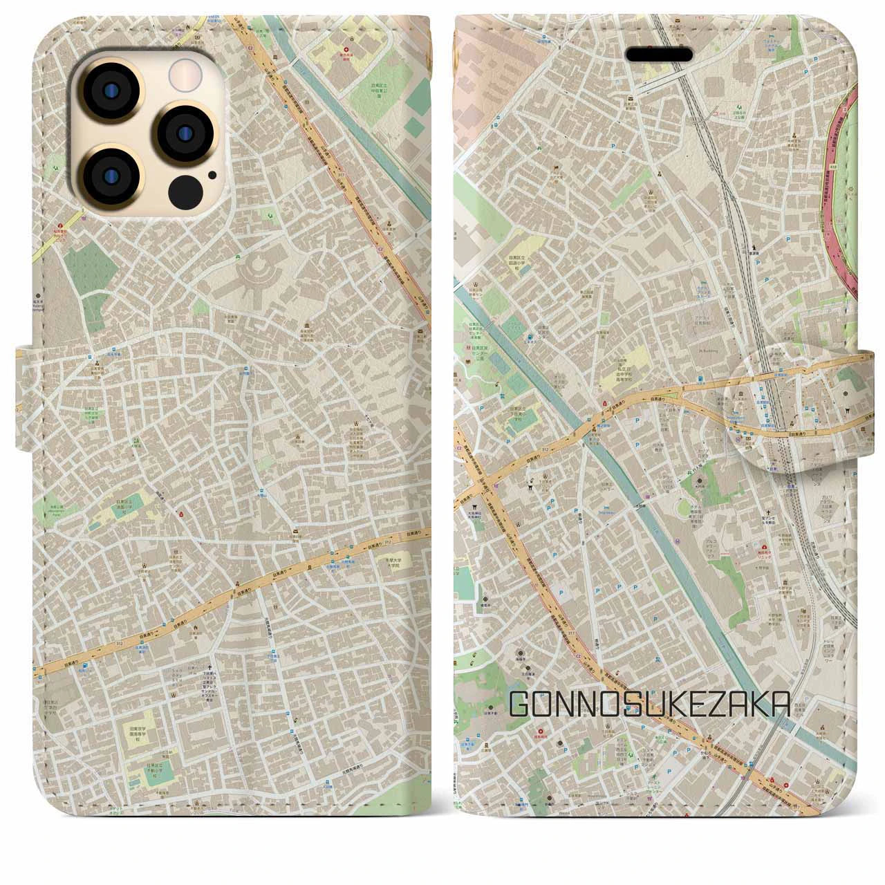 【権之助坂】地図柄iPhoneケース（手帳両面タイプ・ナチュラル）iPhone 12 Pro Max 用