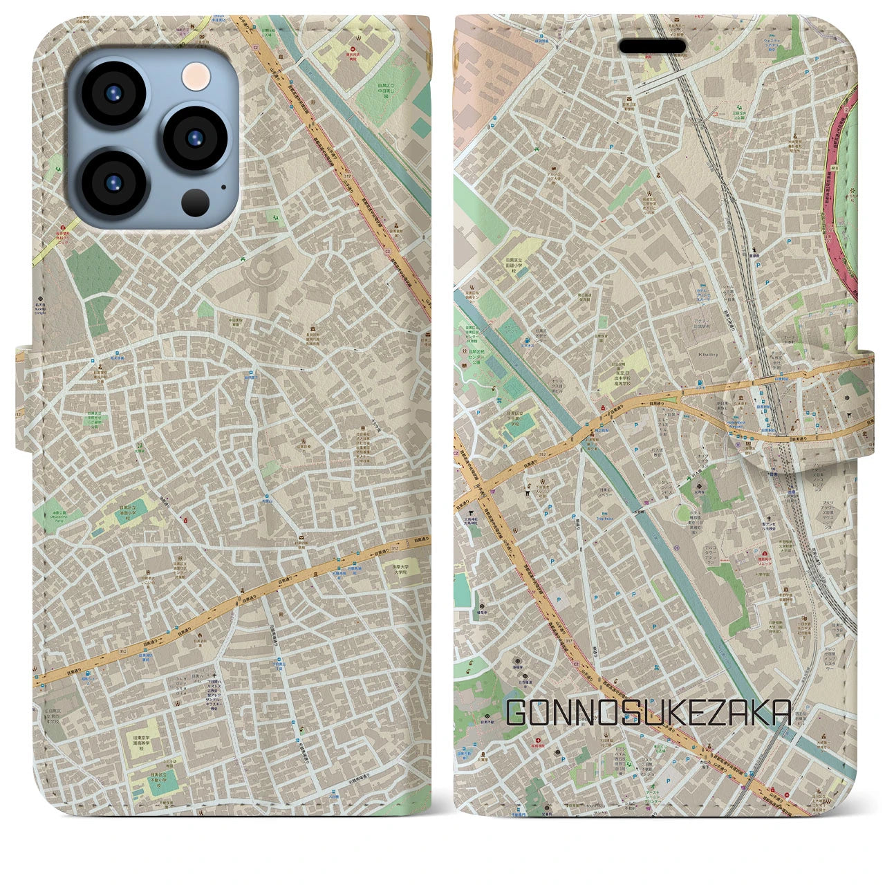 【権之助坂】地図柄iPhoneケース（手帳両面タイプ・ナチュラル）iPhone 13 Pro Max 用