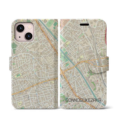 【権之助坂（東京都）】地図柄iPhoneケース（手帳タイプ）ナチュラル・iPhone 13 mini 用