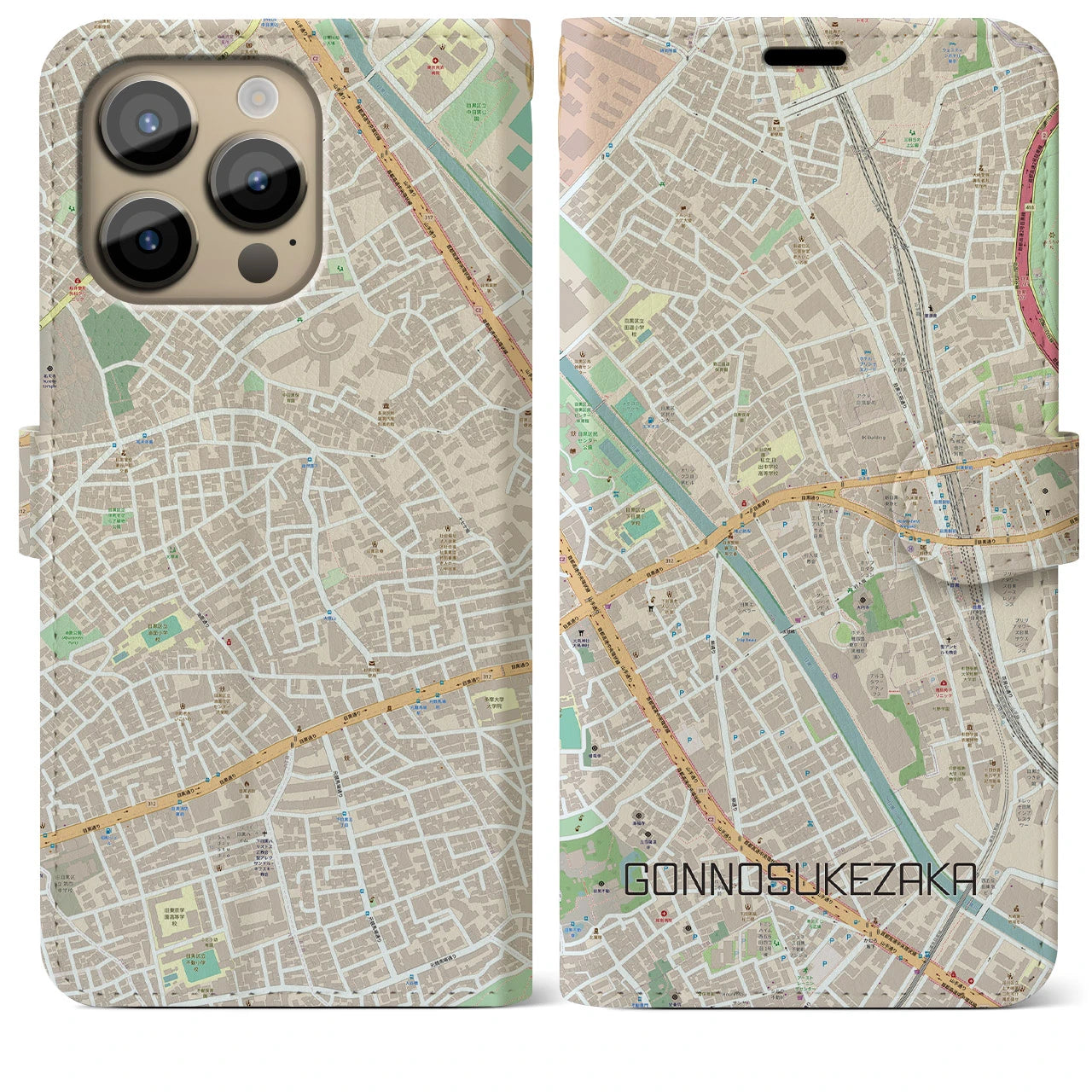 【権之助坂】地図柄iPhoneケース（手帳両面タイプ・ナチュラル）iPhone 14 Pro Max 用