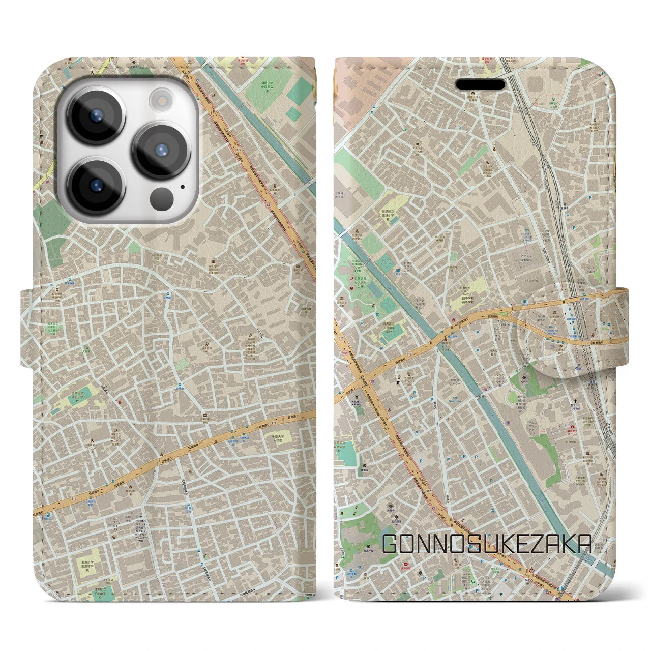 【権之助坂】地図柄iPhoneケース（手帳両面タイプ・ナチュラル）iPhone 14 Pro 用