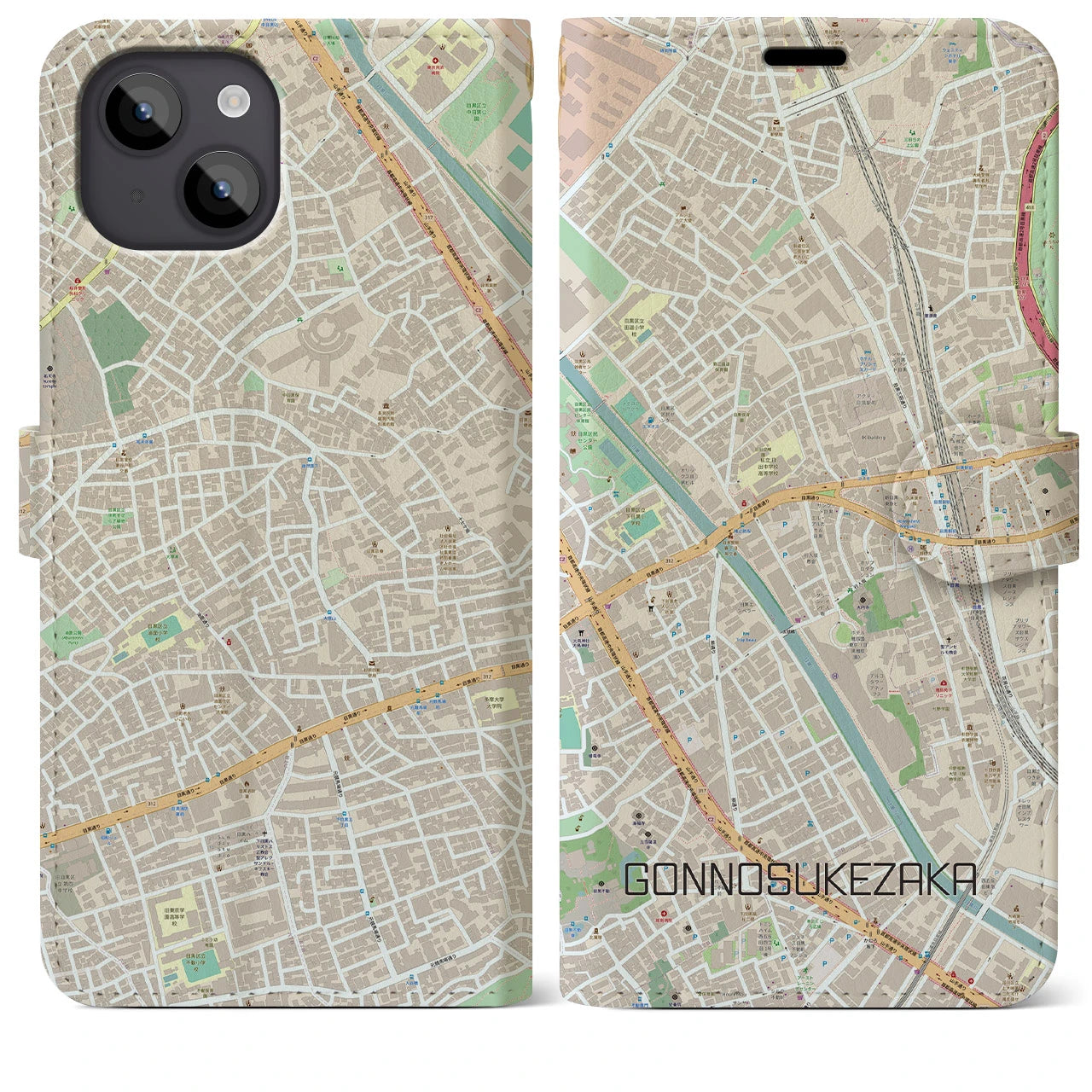 【権之助坂】地図柄iPhoneケース（手帳両面タイプ・ナチュラル）iPhone 14 Plus 用