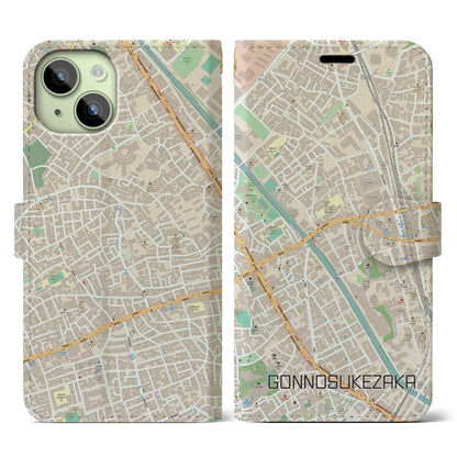 【権之助坂（東京都）】地図柄iPhoneケース（手帳タイプ）ナチュラル・iPhone 15 用