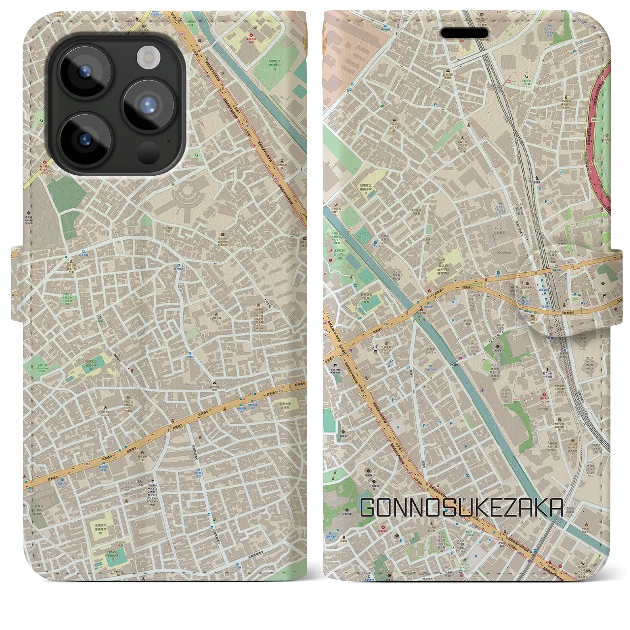 【権之助坂】地図柄iPhoneケース（手帳両面タイプ・ナチュラル）iPhone 15 Pro Max 用