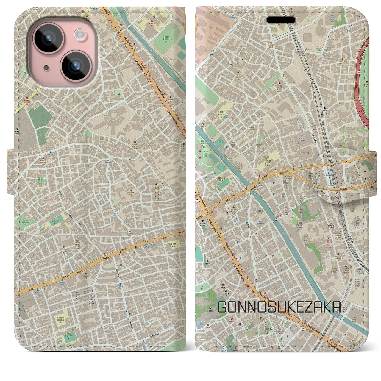 【権之助坂】地図柄iPhoneケース（手帳両面タイプ・ナチュラル）iPhone 15 Plus 用