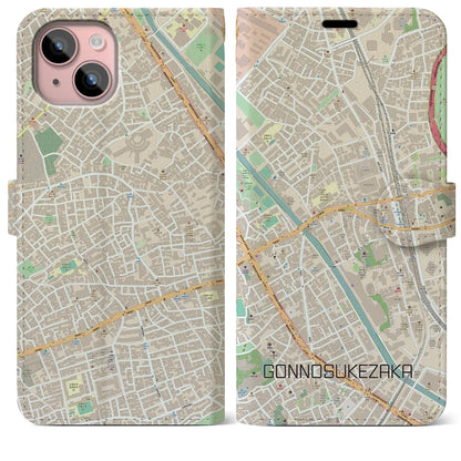 【権之助坂（東京都）】地図柄iPhoneケース（手帳タイプ）ナチュラル・iPhone 15 Plus 用