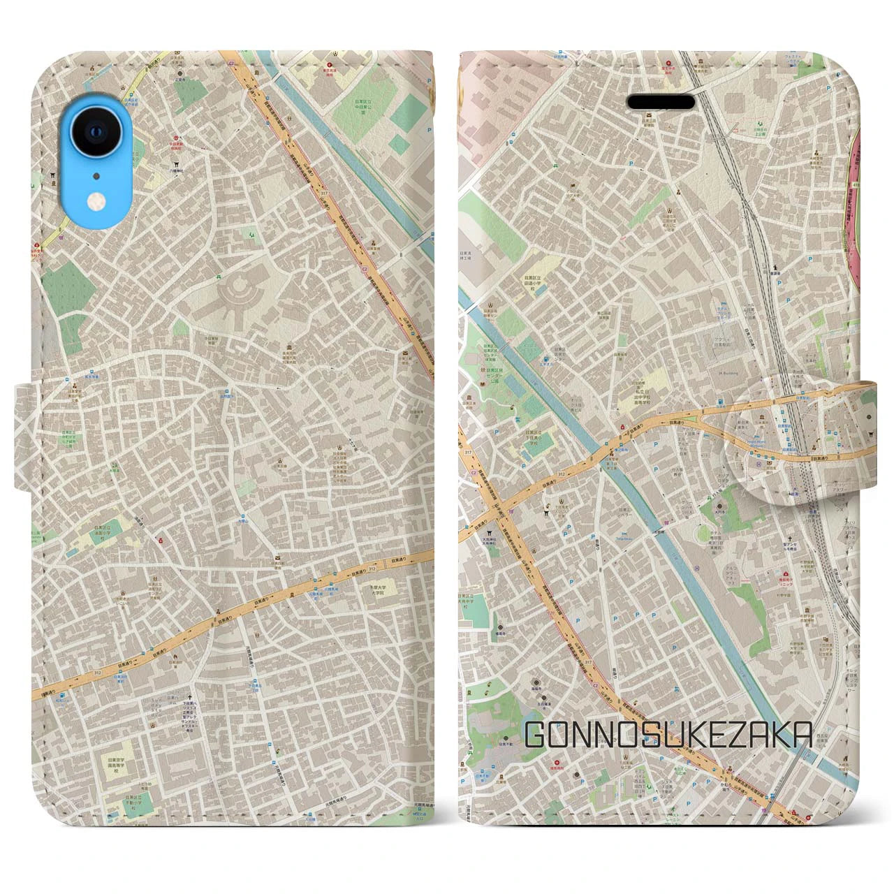 【権之助坂】地図柄iPhoneケース（手帳両面タイプ・ナチュラル）iPhone XR 用