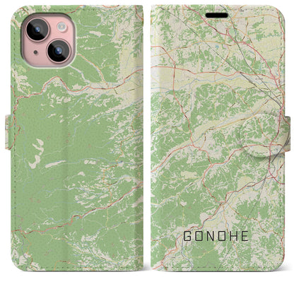 【五戸（青森県）】地図柄iPhoneケース（手帳タイプ）ナチュラル・iPhone 15 Plus 用