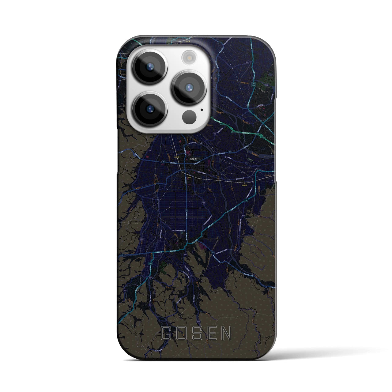 【五泉】地図柄iPhoneケース（バックカバータイプ・ブラック）iPhone 14 Pro 用