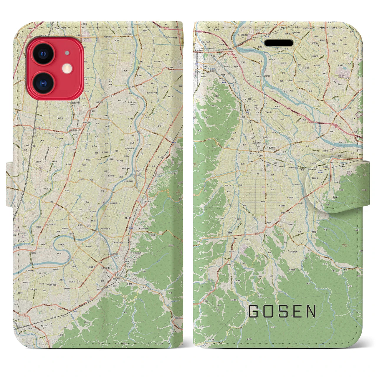 【五泉】地図柄iPhoneケース（手帳両面タイプ・ナチュラル）iPhone 11 用