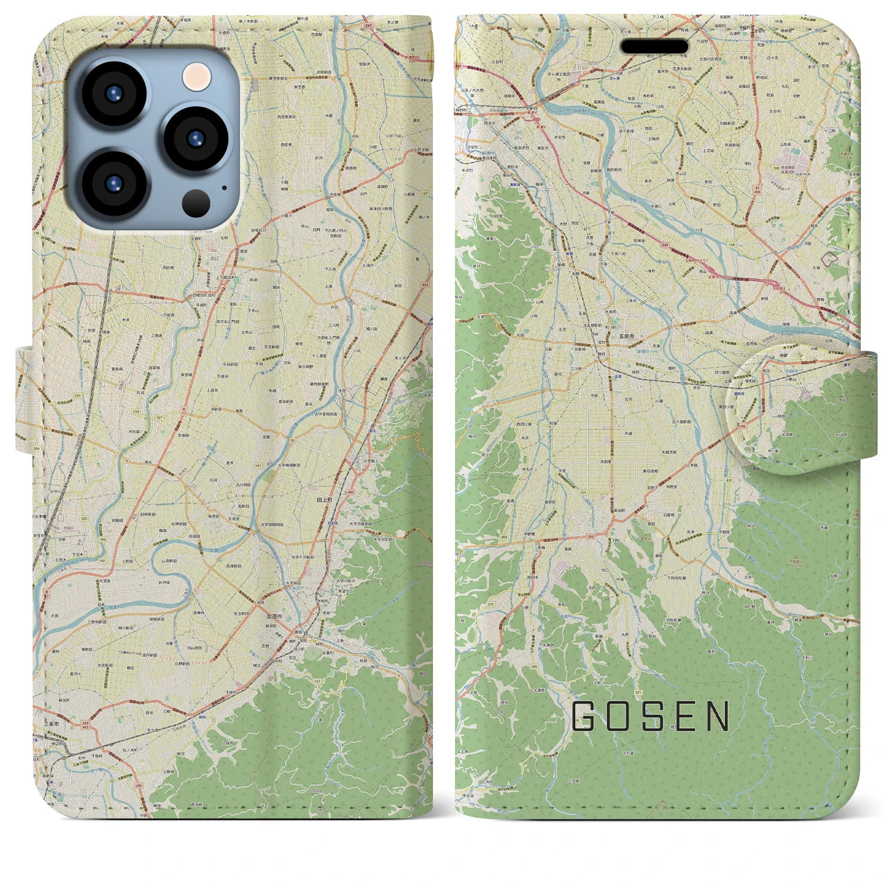 【五泉】地図柄iPhoneケース（手帳両面タイプ・ナチュラル）iPhone 13 Pro Max 用