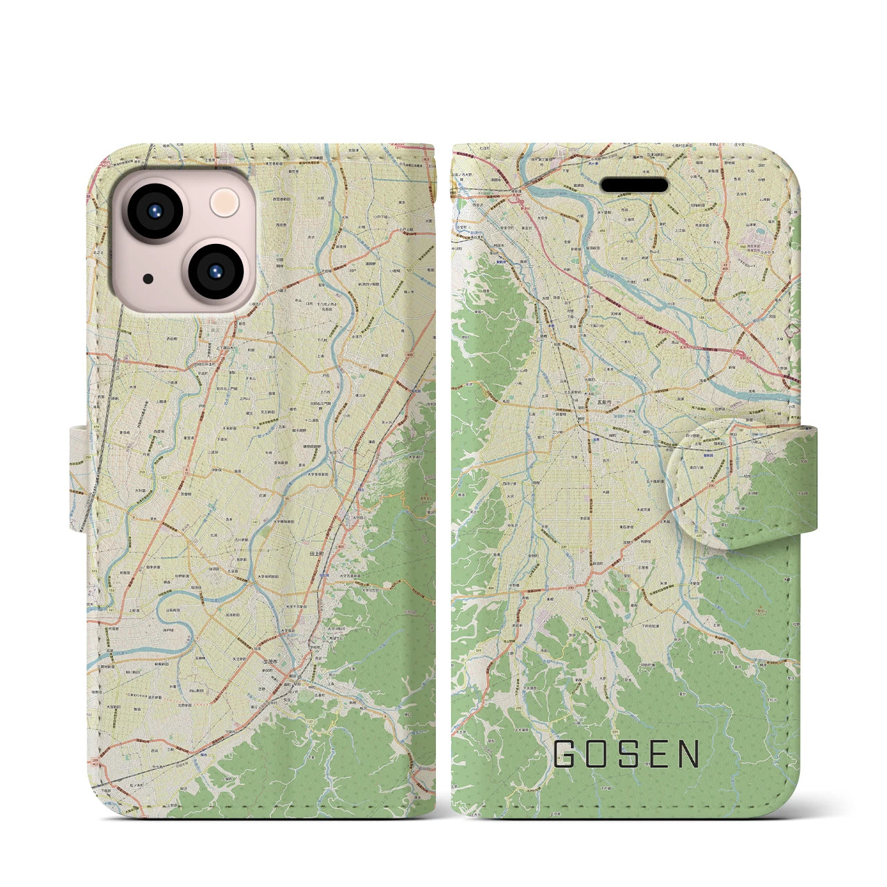 【五泉】地図柄iPhoneケース（手帳両面タイプ・ナチュラル）iPhone 13 mini 用