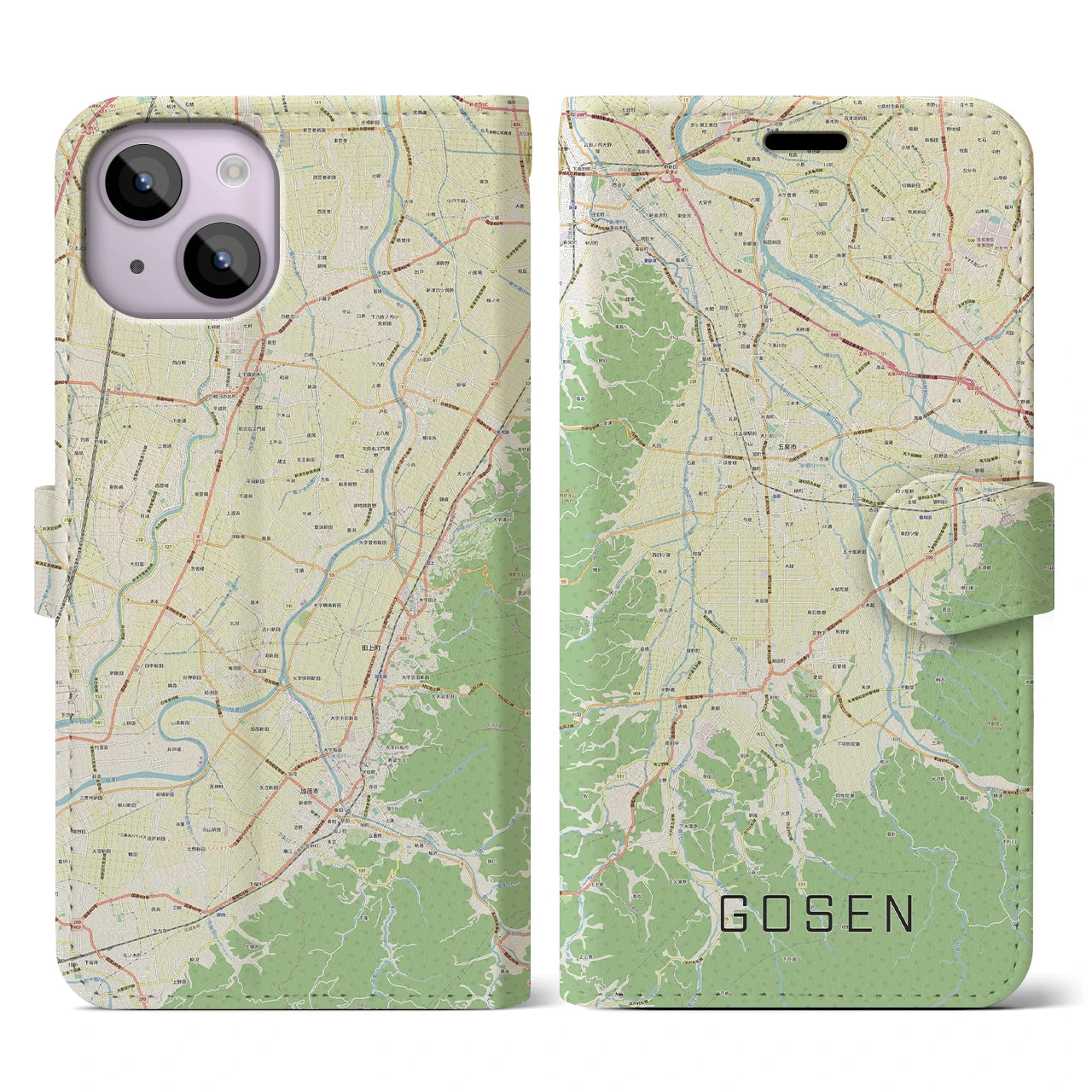 【五泉】地図柄iPhoneケース（手帳両面タイプ・ナチュラル）iPhone 14 用