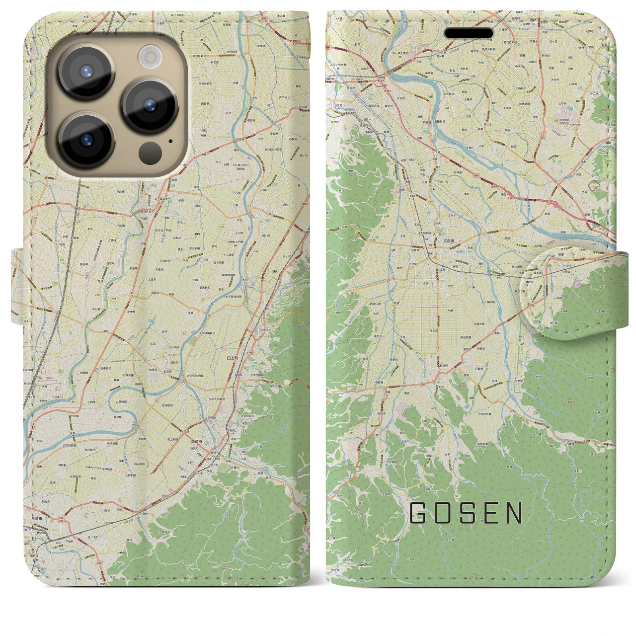 【五泉】地図柄iPhoneケース（手帳両面タイプ・ナチュラル）iPhone 14 Pro Max 用