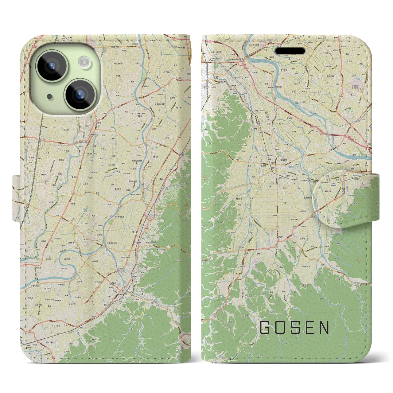 【五泉】地図柄iPhoneケース（手帳両面タイプ・ナチュラル）iPhone 15 用