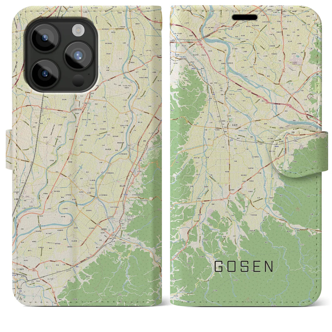 【五泉】地図柄iPhoneケース（手帳両面タイプ・ナチュラル）iPhone 15 Pro Max 用